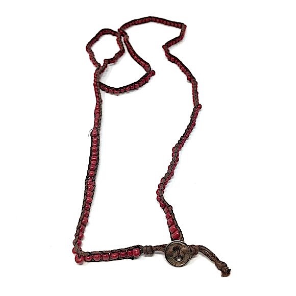 Boho Red Beaded Bracelet Wrapped on Waxed Linen with Silver Toned Button Closure - Picture 10 of 13